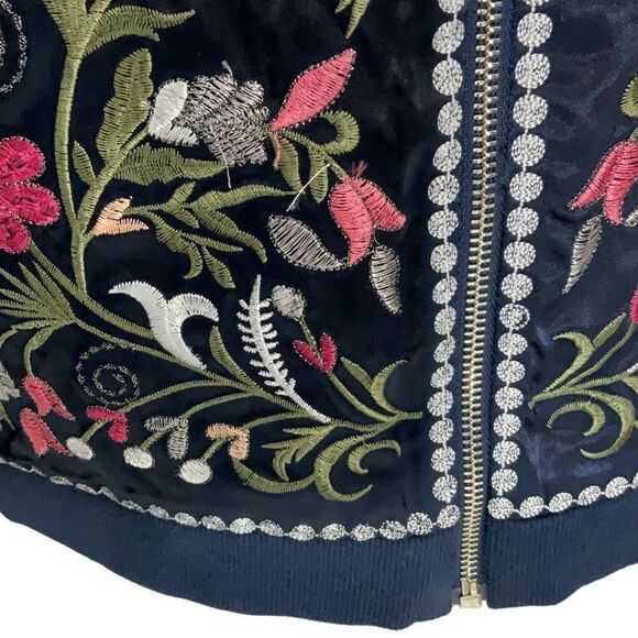 Navy Blue Floral Embroidered Long Sleeve Bomber Style Jacket Full Zip Sz Medium - Picture 5 of 9